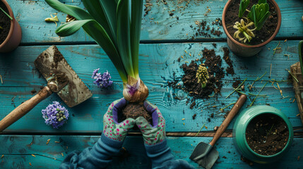 Canvas Print - Hands in gardening gloves hold a bulb over soil with gardening tools and flowers on a blue wooden surface.