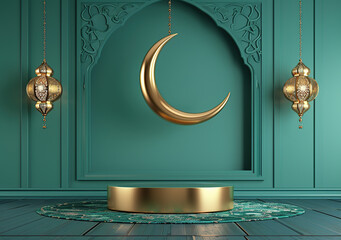 3D rendering of a green background with a golden crescent moon and lanterns hanging on the wall, an empty podium for product display in the style of a Ramadan Islamic celebration concept.