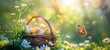 Easter background with colorful eggs in a basket on green grass, flowers and a butterfly Generative AI