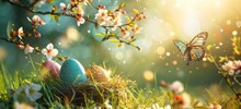 Easter Background With Colorful Eggs In A Basket On Green Grass, A Blooming Cherry Tree And A Butterfly Generative AI