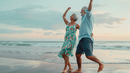 Poster - Two seniors dance joyfully on a sandy beach by the sea.