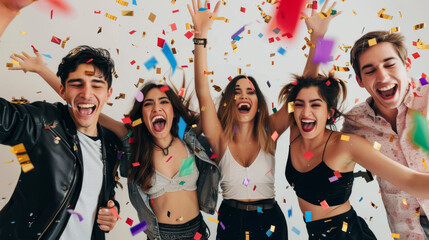 Poster - Five friends are tossing confetti and laughing together at a vibrant indoor celebration.