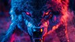 Mechanical wolf snarling, vibrant LED fur, close view, twilight ambiance