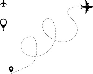 Poster - Airplane line path vector icon of air plane flight route with start point and dash line trace - vector illustration