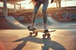 Urban girl having fun riding skateboard at skate park. Freedom and youthfulness mood. Children and youth sport.