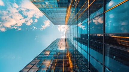 Wall Mural - looking up at towering skyscrapers reflects the blue sky and clouds, highlighting architectural deta