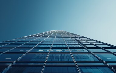 Wall Mural - upward perspective of a contemporary glass skyscraper piercing the blue sky, reflecting the sun's br