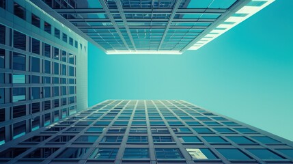 Wall Mural - a bottom-up view of modern skyscrapers soaring into a clear blue sky, illustrating urban expansion a