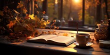 Coffee Cup And Book On Autumn Table Generative AI