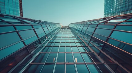 Wall Mural - a vertical, low angle perspective capture of impressive skyscrapers with a focus on geometric patter