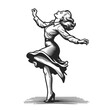 woman joyfully dancing with flowing movement and expression sketch engraving generative ai fictional character vector illustration. Scratch board imitation. Black and white image.