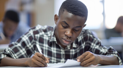 Poster - A young male student with glasses engrossed in writing during a classroom exam.