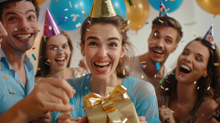 Canvas Print - A jubilant woman is holding a gift surrounded by friends and confetti at a birthday party.