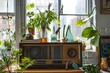 an old retro radio on a vintage table with potted plants in a urban loft style apartment interior decorate with greenery home decor