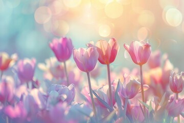 colorful tulips flower background, spring outdoor mood, pastel color wallpaper patter, sunny day light, pastel meadows theme concept