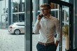 picture illustration of a young handsome businessman , elegant dressed sstanding near a building office door, urban city context talking at telephone