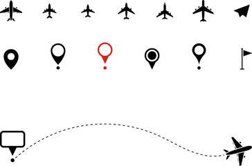 Wall Mural - Airplane line path vector icon of air plane flight route with start point and dash line trace - vector illustration