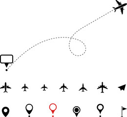 Wall Mural - Airplane line path vector icon of air plane flight route with start point and dash line trace - vector illustration