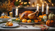 Family dining room table set with delicious golden roasted turkey on platter garnished rosemary fresh small pumpkins. Thanksgiving day dinner with holiday autumn decorated table and candles.