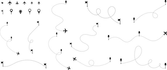 Poster - Airplane line path vector icon of air plane flight route with start point and dash line trace - vector illustration