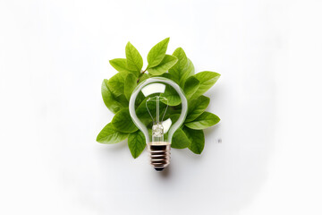 Wall Mural - Green energy concept with a light bulb and leaves on a white background, top view