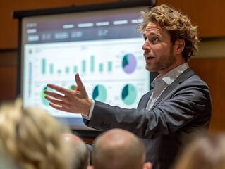 Poster - A close-up photograph of a male presenter in a business suit, gesturing towards a digital presentation screen with data charts.