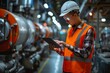 A focused industrial engineer in high visibility gear uses a digital tablet to inspect and manage operations in a manufacturing facility.