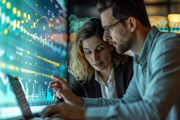 Poster - Two financial analysts are engrossed in monitoring market trends, examining graphs and data across multiple computer screens in a modern office.