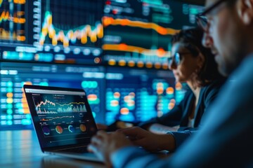 Poster - Two financial analysts are engrossed in monitoring market trends, examining graphs and data across multiple computer screens in a modern office.