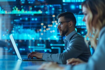 Poster - Two financial analysts are engrossed in monitoring market trends, examining graphs and data across multiple computer screens in a modern office.