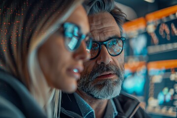 Poster - A close-up portrait of two tech workers, engaged in a serious conversation, with digital screens softly illuminated in the background.