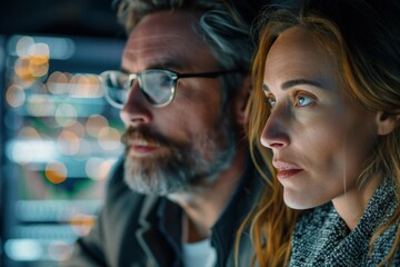 Poster - A close-up portrait of two tech workers, engaged in a serious conversation, with digital screens softly illuminated in the background.