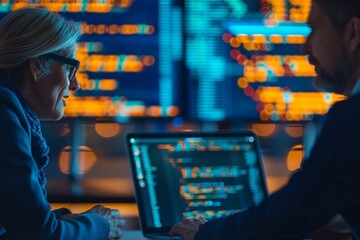 Poster - A close-up portrait of two tech workers, engaged in a serious conversation, with digital screens softly illuminated in the background.
