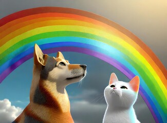 Canvas Print - Cat and dog looking at rainbow - concept of pets passing away 3d rendering illustration design