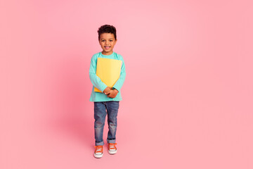 Sticker - Full body photo of cute little boy preschool hold notepad wear trendy aquamarine clothes isolated on pink color background