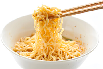 Wall Mural - A closeup of chopsticks picking up ramen noodles from a bowl isolated on white background