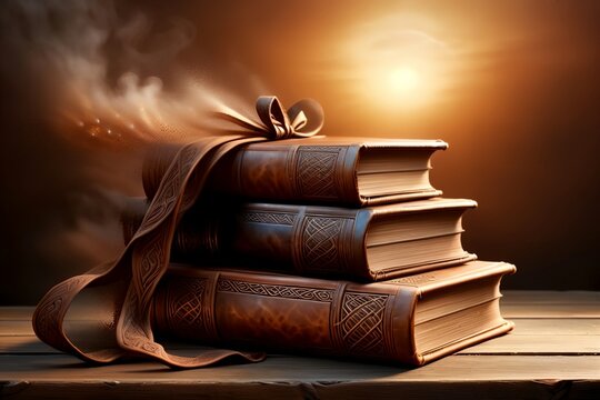old leather bound books on brown background