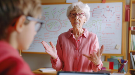 Canvas Print - An educator discusses a topic with visible graphs on the whiteboard behind her.