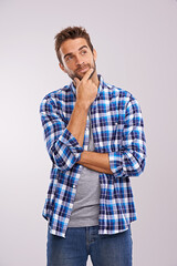 Aufkleber - Man, thinking and future vision in studio or inspiration thoughts or brainstorming solution, problem solving or white background. Male person, hand and planning question or decision, wonder or mockup