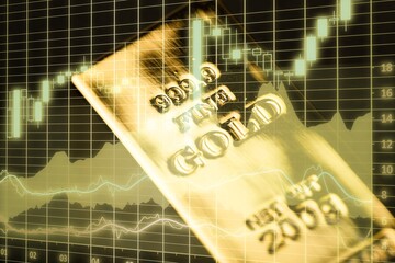 Sticker - gold ingot and price chart on background.