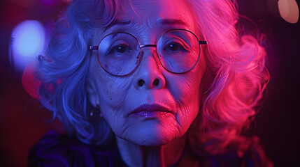 Poster - A woman with glasses looking directly at the camera, illuminated by red and blue lights.