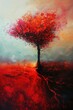 Surreal nature painting illustrating solitary trees in autumn with warm shades.