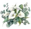Watercolor clipart illustration of a bouquet composed of white calla lilies and eucalyptus flowers.