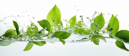 Wall Mural - This image depicts a close-up view of a single green leaf splashing into a body of water.