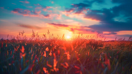 Canvas Print - A field of grass with a bright orange sun in the sky