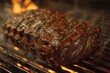 Juicy prime rib on the grill, BBQ flames, prime steak closeup ultra HD