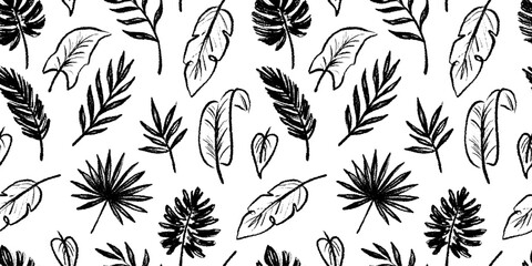 Aufkleber - Black leaf seamless pattern vector background. Hand drawn crayon abstract texture tropical tree leaf seamless pattern. Black, white texture leaves floral print. Vector illustration