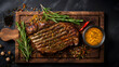 Top view, appetizing grilled pork steak garnished with rosemary sprig, spices and honey mustard sauce on wooden board.