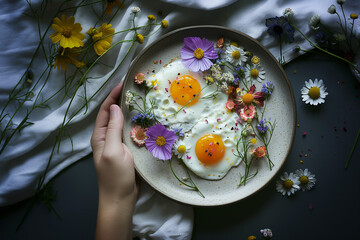 two fried eggs with ediable colorfull flowers on ceramic plate