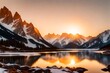 Majestic snow-capped mountains bathed in golden sunrise hues reflecting over a tranquil alpine lake.